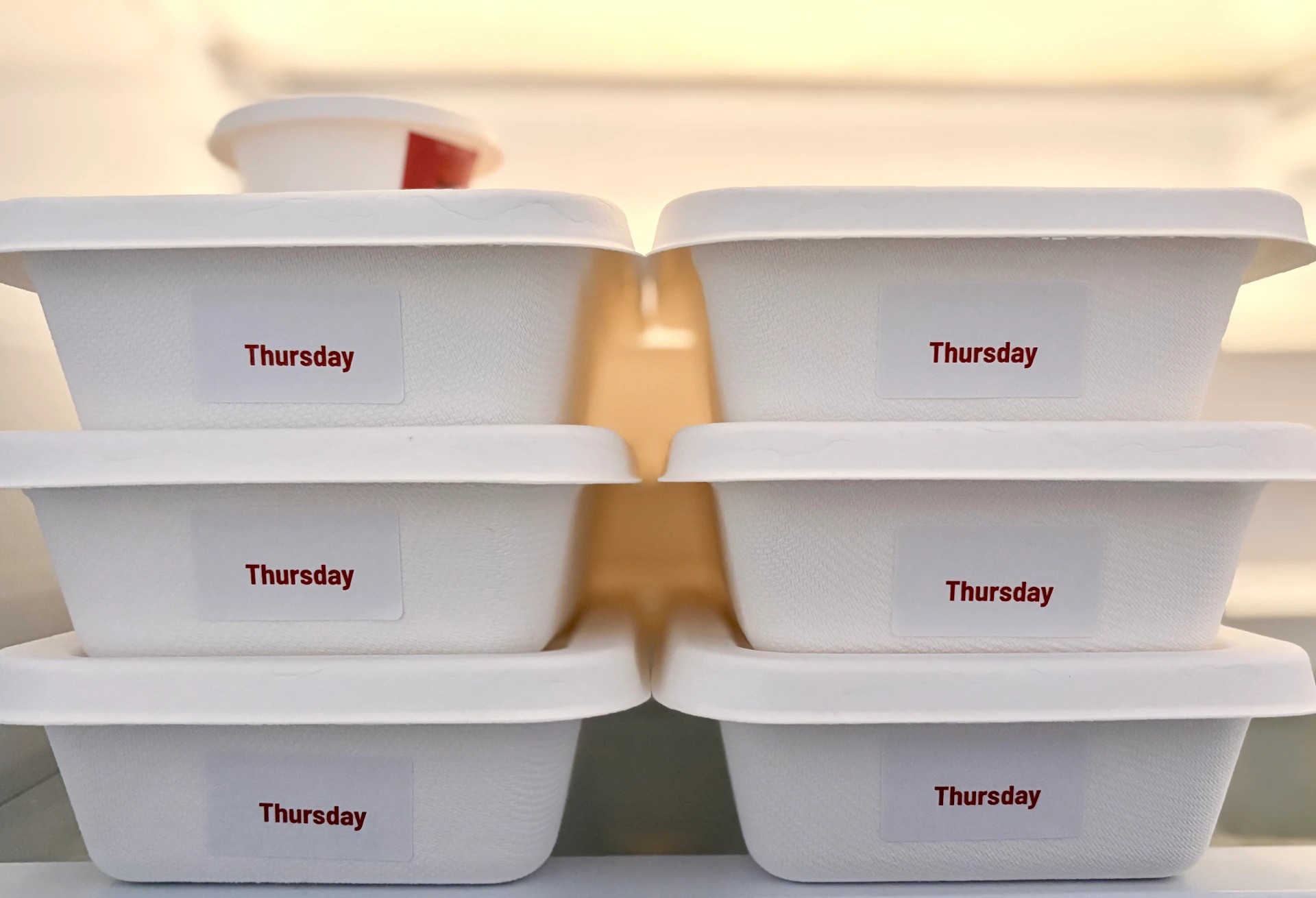Six labelled containers stacked in two columns on a fridge shelf, each marked Thursday